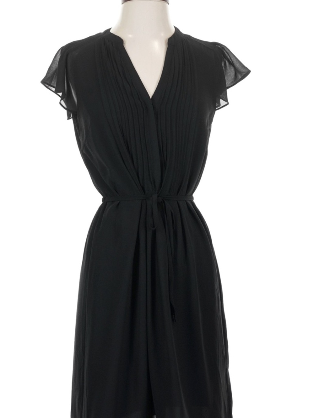 H&M Black Pleated V-Neck Tie-Waist Midi Dress